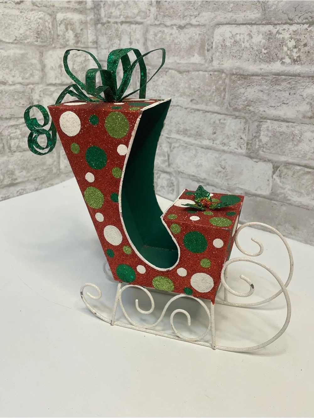 Vintage Pier 1 Christmas Glitter Polkadot Metal Sled Very Rare HTF 10” Decor